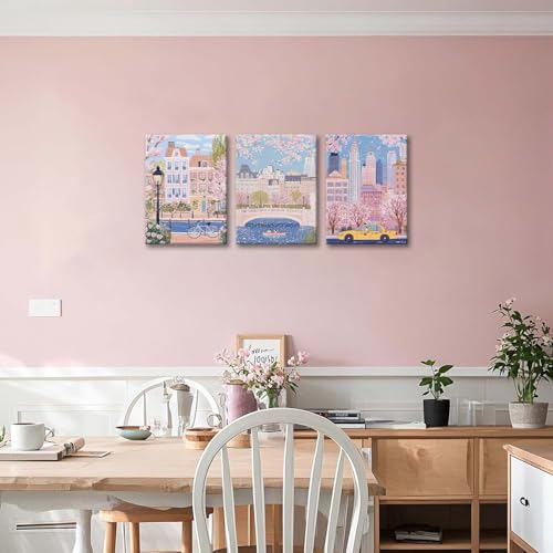 XLARTMY Watercolor City Landscape Travel Wall Art Canvas Framed Pink Cherry Flower Poster Girly Prints Painting Pictures Set of 3 for Bedroom Living Room Office 12x16in - color: Watercolor City PB, size: 12x16in Canvas
