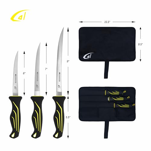 Gambler danco 4PC Fishing Fillet Knife Kit, 6", 7", 9" with Roll Bag, Fish Fillet and Deboning Knives, Freshwater and Saltwater Fishing, Non-Slip Handle, Durable Roll Bag, Stainless Steel Blades - style: Without Sharpener