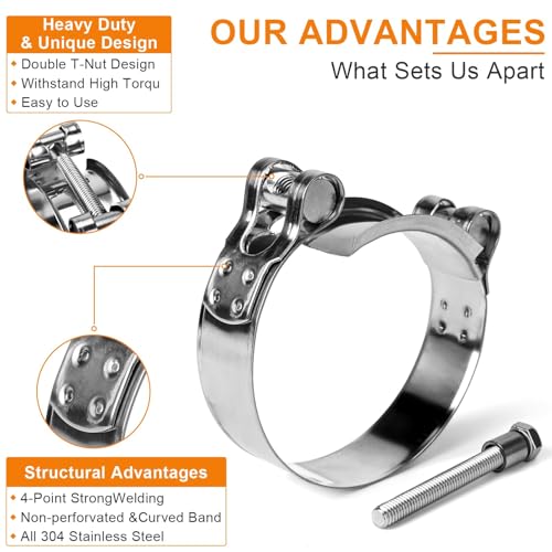 T-Bolt Hose Clamps 304 Stainless Steel (44-47mm 4-Pack) - Heavy Duty Adjustable Clamp for Automotive, Plumbing & Industrial Pipes - Corrosion Resistant, Secure Seal - size: 44-47mm 4 Pack