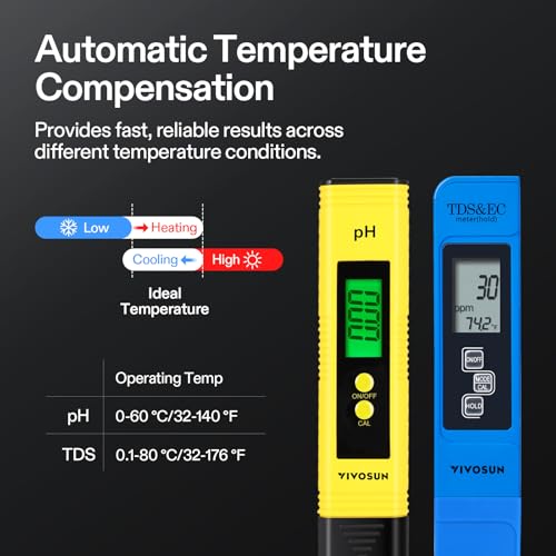 VIVOSUN Digital pH and TDS Meter Kits, 0.01pH High Accuracy Pen Type pH Meter ± 2% Readout Accuracy 3-in-1 TDS EC Temperature Meter for Hydroponics, Pool and Aquarium, Yellow Blue, UL Certified - color: Yellow+Blue