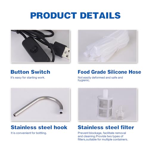 Portable USB Electric auto siphon Self Priming Pump for Bottling Home Brew Beer,Wine, Beverages and Kombucha,Food Grade Water Transfer Pump With 6.5 Feet hose,2L/min,Low Noise - color: Black Button-Switch With Hook