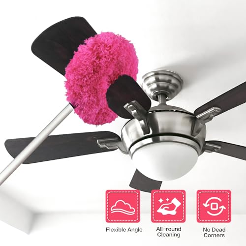 Ceiling Fan Cleaner Duster Reusable Microfiber Ceiling Fan Blade Cleaner Removable Duster with Extension Pole Adjusts 13 to 49.7 Inch for Cleaning Walls Bookshelves Furniture Door Window Top (Rosy) - color: Rosy