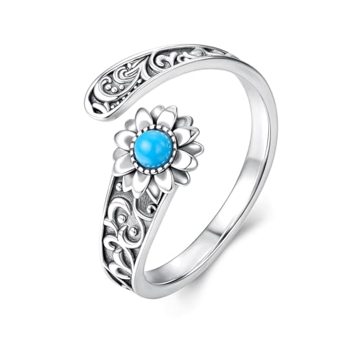 Chunky Rings for Women Statement Adjustable Pearl Ring Turquoise Spoon Ring Sunflower Dainty Open Ring Non Tarnish Unique Jewelry Gift - color: Turquoise Sunflower
