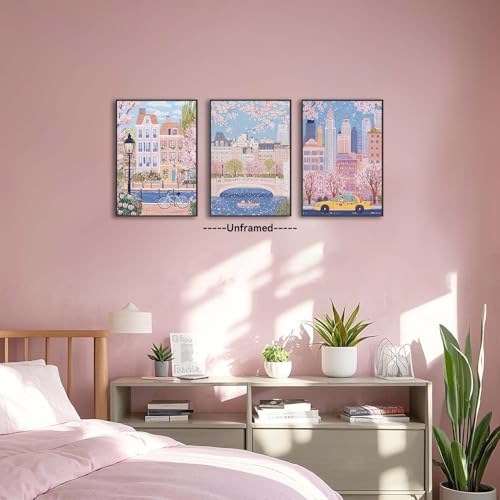 XLARTMY Watercolor City Landscape Travel Wall Art Canvas Framed Pink Cherry Flower Poster Girly Prints Painting Pictures Set of 3 for Bedroom Living Room Office 16x24in Unframed - color: Watercolor City PB, size: 16x24in Poster