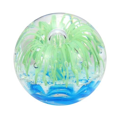 PATIKIL Glass Paperweight, 3.5'' Blown Glass Decor Crystal Ball Rainbow Light Effect Desktop Decor Fish Tank Ornament Unique Handmade Art Ocean Sculpture for Home Office, Green - color: Green