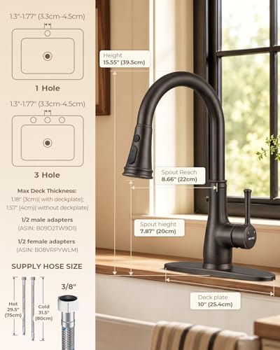 WEWE Vintage Kitchen Faucet with Pull Down Sprayer, Stainless Steel 1 or 3 Hole High Arc Single Handle Antique Sink Faucet for Classic Modern Ktichen, Oil Rubbed Bronze Bar & Prep Sinks - color: Oil Rubbed Bronze, style: Vintage