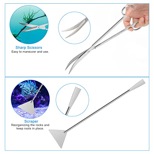Extra Long Aquarium Aquascaping Tools Kit 8 in 1, Liveek Stainless Steel Aquarium Plant Tools Long Fish Tank Aquascape Tweezers Scissors Scrapers, PH Paper, Fish Net, Aquascape Clean Brush, Bag