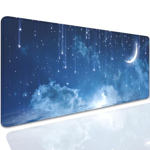 Blue Sky Stars Moon Desk Pad Mouse Pad,Large XL Meteor Showers Mouse Mat with Stitched Edges,Non-Slip Rubber Base Mousepad for Office PC Keyboard Laptop and Home Work Desk Mat(27.5X11.8 in) - color: blue sky stars moon