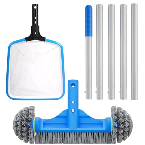 TidyMister 3PCS Cleaning Kit - 12.5'' Brush With Round End & 11'' Skimmer Net Fine Mesh & 5.7 Feet Thick Aluminum Pole 5-Segment, for Above Ground & Inground Pools Ponds - size: 11inch with 5.7ft pole
