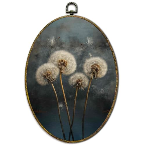XFCICRLJ Vintage Dark Academia Dandelion Floral Wall Art Decor, Rustic Farmhouse Oval Canvas Prints Framed, Gothic Dark Moody Cottagecore Botanical Wall Art Decorations for Home Bedroom Living Room Decor, 11x8.5 Inch - color: Dandelion