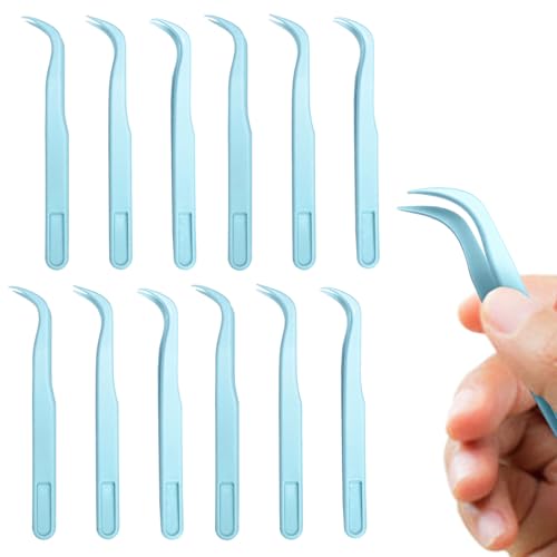 12 Pack Plastic Tweezers 4.5 Inch Blue Long-Bent plastic tweezers for Crafts kids, Jewelry Making, Baking, Reptile Feeding - color: Blue