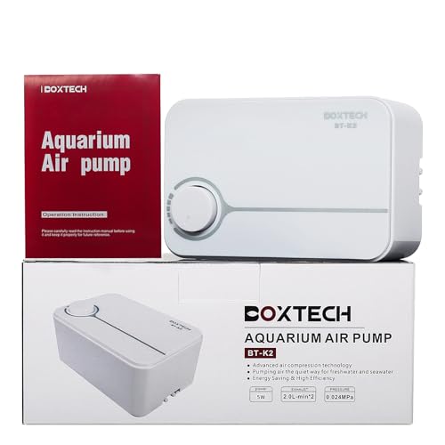 boxtech Upgrade Aquarium Air Pump, Ultra-Quiet Fish Tank Oxygen Pump with Adjustable Airflow, Powerful Air Pump with 2 Outlets to Pump Rich and Fine Air Bubbles - color: White-K2 5W