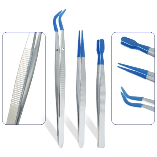 3 Pack Curved Tweezers, Silicone Rubber Bent Tip PVC Coated Soft Tip Tweezers, Non Marring Stainless Steel Tools for Jewelry Crafts/Electronics