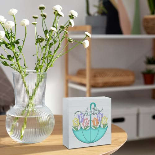 Spring Decorations for Home Spring Decor for Table Funny Springtime Umbrella Tulip Flowers Decorative Springtime Home Decor Gifts for Women 5 X 5 Inch - color: Hello Spring