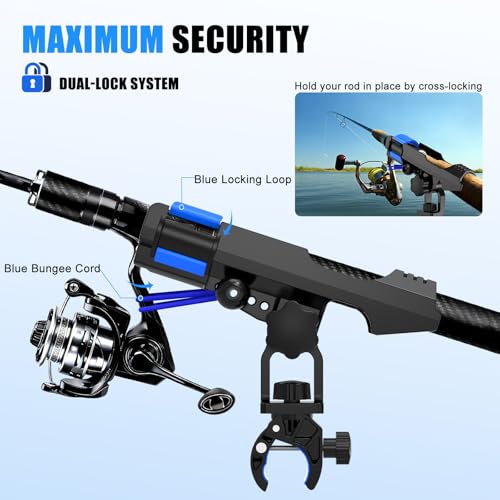 Fishing Rod Holder for Boat, Clamp on Fishing Pole Holders for Boats Fit Round Tube, Secure Rod Holders with Protective Bungee Cords and Sliding Loop for Anglers Gift