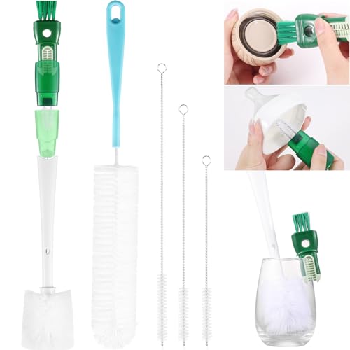 OUTXE 5 Pack Bottle Brush Set, 5-in-1 Water Bottle Cleaner Brush, 15"" Long Handle Bottle Cleaning Brush, 3 Straw Brush, Removable Nipple Brush, Detail Brush for Cup Lid Gap, WBBSBLB5 - color: Green, size: 5-in-1 Brush + Long Handle Brush