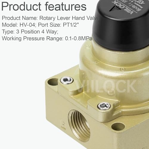 Rotary Lever Hand Valve HV-04, 3 Position 4 Way 1/2" NPT Pneumatic Manual Control Air Flow Valve (1/2" NPT) - style: 1/2" NPT