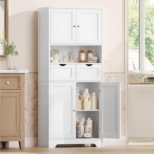 TEENFON 57.8" H Tall Bathroom Storage Cabinet with 4 Doors & 2 Adjustable Shelves, Freestanding Bathroom Cabinet with 2 Drawers, Kitchen Cabinets & Pantry, Cupboard for Kitchen, Dining Room, White - color: White 2 Drawers