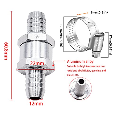 mxuteuk 2Pcs 1/2" 12mm Aluminium Silver Non Return One Way Check Valve with 4Pcs 10-16mm Universal Adjustable Hose Clamps for Fuel Petrol Diesel Line Oil M-H-032-12mm - color: Silver, size: 1/2" 12mm