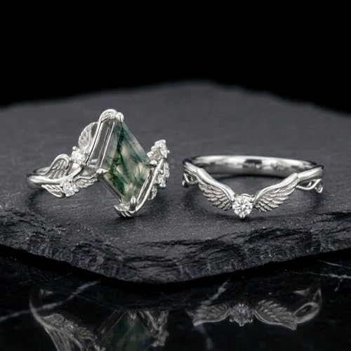 Natural Moss Agate Engagement Ring Set for Women, Unique Genuine Moss Agate Ring, 925 Sterling Silver 10K 14K 18K Solid Gold Nature Inspired Bridal Set, Boho Wedding Jewelry Gift - color: Eight