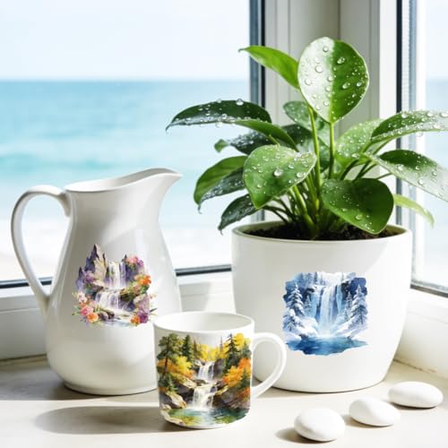 Peacoblue 18 Sheets Rub on Transfers for Crafts, Waterfall Forest Scenery 3.6"x3.9" UV DTF Cup Wraps Waterproof Cold Transfers Stickers for Wood Glass Metal Cup Tumblers Mirrors Mugs Home Decor - style: Waterfall Forest Scenery