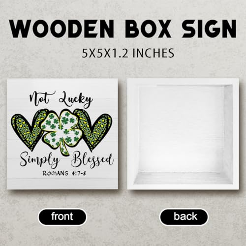 St. Patrick's Day Sign Love Shamrock Decor Not Lucky Simply Blessed Romans 4:7-8 Sign Christian Religious Bible Decorations for Home Office Desk Decor 5 X 5 Inch - color: Not Lucky