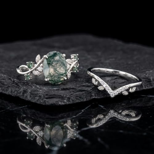 Natural Moss Agate Engagement Ring Set for Women, Unique Genuine Moss Agate Ring, 925 Sterling Silver 10K 14K 18K Solid Gold Nature Inspired Bridal Set, Boho Wedding Jewelry Gift - color: Five
