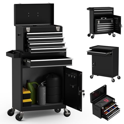 5-Drawer High Capacity Rolling Tool Box, Removable Cabinet Storage Tool Chest with Wheels and Drawers, Detachable Toolbox with Lock for Mechanics Garage Workshop and Tool Room (Black) - color: Black