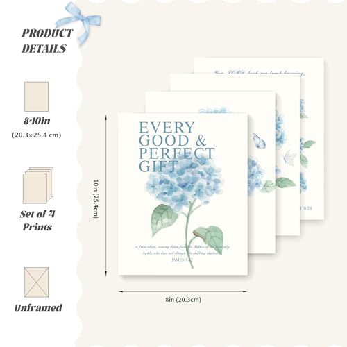 LARTSFRO Hydrangea Floral Bible Wall Art Decor Posters, Blue Floral Spring Christian Room Bathroom Bedroom Dorm Wall Art Decor Aesthetic for College Teen Girls Gifts, Inspirational Bible Verses Wall Decor, 10x8 Inch Set of 4 Pcs Hydrangea Pictures (UNFRAM