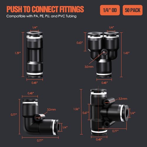 1/4" OD Push to Connect Fittings Kits –50PCS Air Line Connectors with Tee, Straight, Elbow, Splitters, Quick Connect Pneumatic Fittings, Push Lock Air Hose Fittings for Compressor, Air Tools & Tubing - color: 1/4" OD, size: Assorted kit(50pcs)