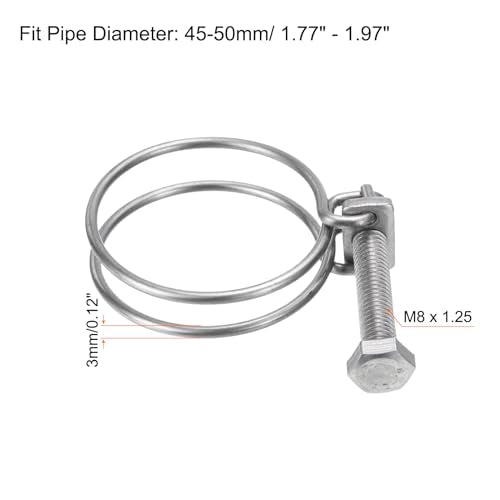 uxcell 6Pcs Double Wire Hose Clamp, 45-50mm Adjustable Stainless Steel Wire Hose Clips with M8 Bolt for Dust Collection Hose, Pump Hose Pipe - size: 45-50mm