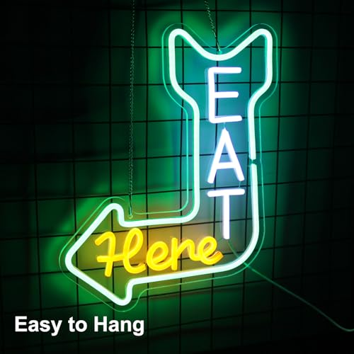 Eat Here Neon Sign Kitchen Neon Signs for Wall Decor with Arrow Guidance Green Orange White Eat Dimmable LED Sign Diner Neon Signs for Wall Bar Restaurant Kitchen Man Cave Decor - color: Green Orange White