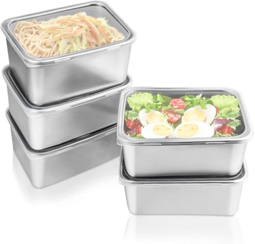 5 pcs Stainless Steel Food Storage Containers With Lids Airtight, Portable Freezer Storage Containers, Leak Proof Meal Prep Containers Reusable, Refrigerator Fresh-Keeping Box (Square)