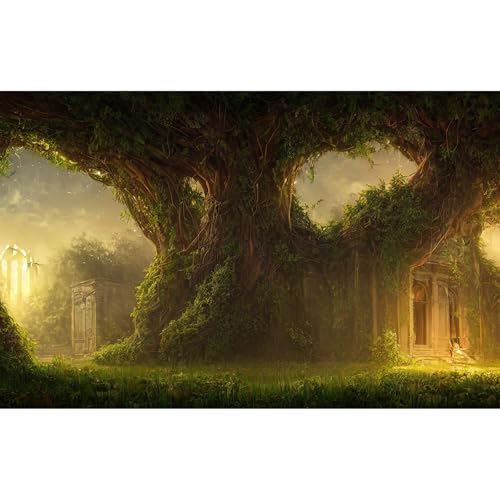 Castle Aquarium Background Abandoned Palace Castle Overgrown with Vegetation Ivy and Vines Terrarium Background Empty Atrium Halls Captured by Nature and Vegetation Fish Tank Background 72x18in - size: 72(W)x18(H)inches/ 180(W)*45cm(H)