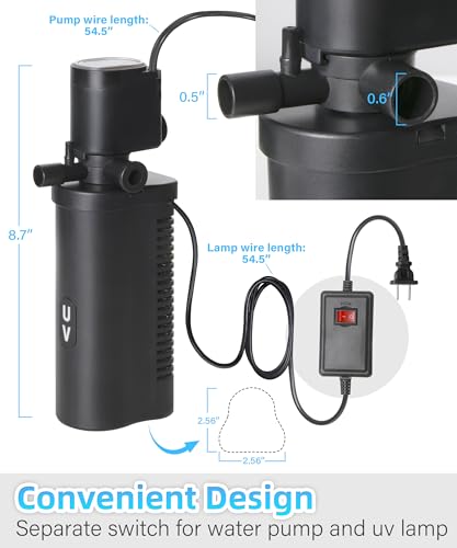 COOSPIDER Aquarium Filter U-Very Suitable for 10-45 Gallon Tank, 158GPH Small Fish Tank Filters for Green Control, Powerful Internal Submersible Pump for Turtle Tank, Air Supply & Oxygen Enhancement - size: CTUV-H4F (10-45Gallon)