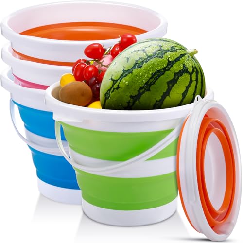 Pickmesh 4 Pcs Collapsible Bucket 1.3 Gallon (5l) Foldable Collapsible Sand Bucket with Handle Small Cleaning Pail for Household Outdoor Car Washing Camping Beach Sand - color: Blue, Green, Orange, Pink, size: 1.3 Gallon