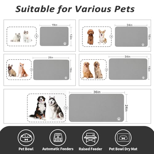 HotLive Dog Food Mat - Absorbent Cat Mat for Food and Water, No Stains Pet Feeding Bowl Mat, Easy to Clean Pet Placemats, Quick Dry Dog Water Dispenser Mat for Messy Drinkers | Paw Grey 12"x 19" - color: Paw Grey, size: 12"x19"