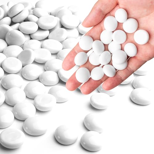 Meschett White Glass Marbles, 0.97 LB Flat Glass Beads for Vases, Mosaic Gem Pebbles for Aquarium Decor, Floral Arrangements Vase Filler Smooth Mancala Stones and Crafts Approx. 80-100PCS - color: White