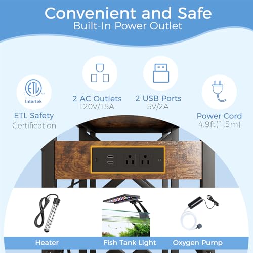 20-29-37 Gallon Fish Tank Stand with Power Outlet,Adjustable 3-Tier Aquarium Stand,400lbs Heavy Duty Terrarium Stand,Breeder Reptile Tank Stand Suitable for Home Office,30.7”×13.8”×30.5”,Rustic Brown - color: Rustic Brown, size: 20-29-37gallon