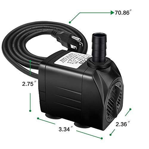 Jhua Water Fountain Pump 300GPH (1100L/H, 21W) Submersible Water Pump, Ultra Quiet Fountain Pumps Submersible Outdoor with 5.9ft Power Cord, 3 Nozzles for Aquarium, Tank, Pond, Statuary, Hydroponics
