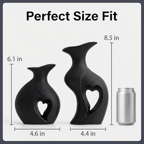 Black Heart Vase Set of 2,Modern Vases for Home Console Table Decor for Living Room Coffee Table Fireplace Bookshelf Decorations（3.5" L x 4.4" W x 8.5" H） - color: Black