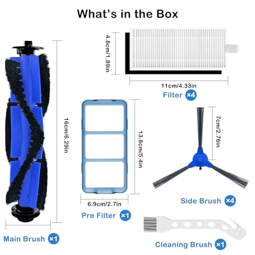 Replacement Parts Accessories Kit for eufy robovac 11S, 12, 15T, 15C, 25C, 30, 30C, 35C Slim Carpet Robotic Vacuum, 1 Roller Brush, 4 Filters, 4 Side Brushes, 1 Pre Filter, 1 Cleaning Brush