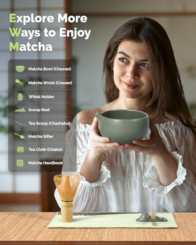 Maestri House Matcha Whisk Set, 7-Pc Complete Matcha Kit with Spouted Ceramic Bowl, Bamboo Whisk and Holder, Scoop, Spoon Rest & Sifter, Tea Cloth – Ideal Gift for Matcha Lovers (Moss-Green) - color: Moss-Green