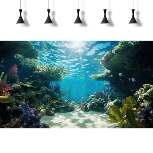 Under The Sea Fish Tank Background Deep Sea Coral Reef Aquarium Background Underwater Rock Cave Sunray Terrarium Backgrounds Tropical Fish Ocean Floor Aquarium Fish Tank Backgrounds Decor 30x12in - color: Green_Blue, size: 24(W)x12(H)inches/ 60(W)*30cm(H)