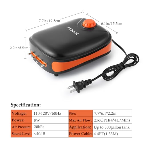 FEDOUR 4W/5W/8W Aquarium Corded Electric Air Pump, 96GPH/160GPH/256GPH Dual Outlets 4 Outlets Oxygen Pump, Ultra Quiet Aquarium Bubbler for up to 300 Gallon Fish and Turtle Tank - style: 4 Outlets-8W