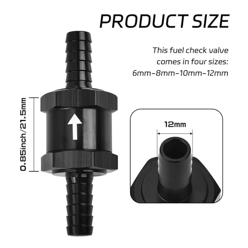 1/2" Aluminium Alloy One Way Fuel Check Valves, Brake Booster Check Valve Engraved with Flow Direction, Fuel Line Check Valve for Petrol, Diesel, Gas, Oil, Water, Ship Fuel Systems(12mm) - size: 12mm