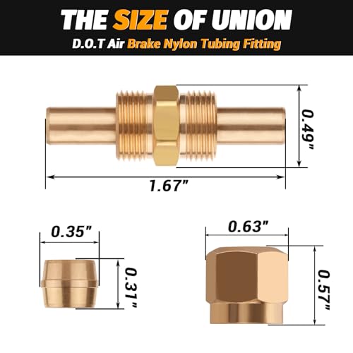 Air Brake Nylon Tubing Brass Union Fitting, 1/4" Air Compression Straight Union Fittings for Nylon Hose with D.O.T Approved (Pack 4)
