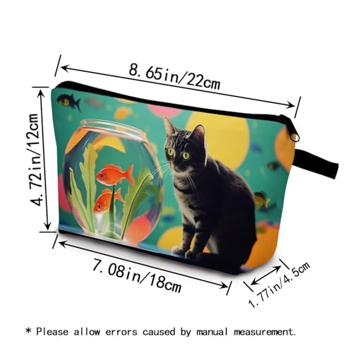 Cat Near Fish Tank Makeup Bag Cute Small Organizer Bag with Zipper Cat Near Fish Tank Cosmetic Bag Aesthetic Birthday Present for Women Sisters Friends -2