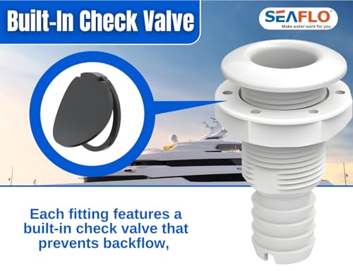 SEAFLO Thru Hulls Fitting Thru-Hull with Check Valve, 5/8”, 3/4”, 1”, 1-1/8”, 1-1/4”, 1-1/2”, or 2” Sizes, White/Black, Polypropylene/Nylon, 4-Year Warranty, (Choose Color, Size, and Pack Size) - color: White, size: 1-1/4", style: 10-pack