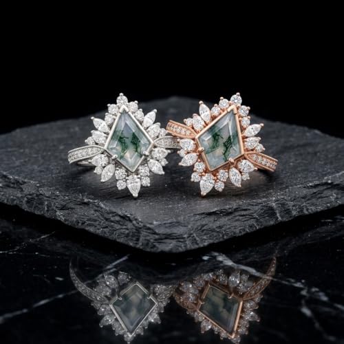 Natural Moss Agate Engagement Ring Set for Women, Unique Genuine Moss Agate Ring, 925 Sterling Silver 10K 14K 18K Solid Gold Nature Inspired Bridal Set, Boho Wedding Jewelry Gift - color: Seven